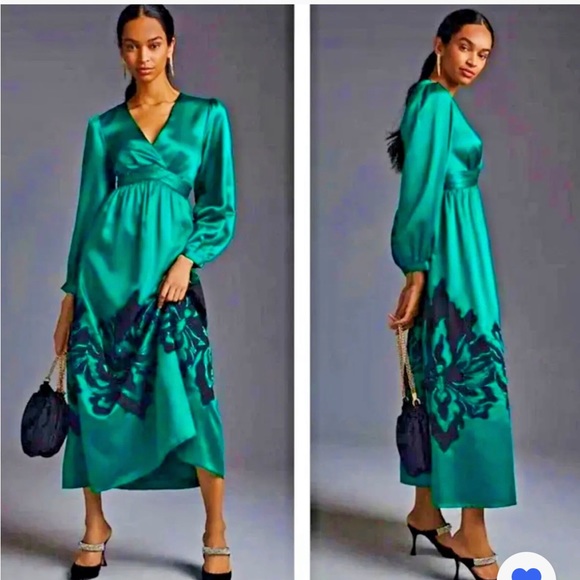 NWT ANTHROPOLOGIE NIKASHA EMBROIDERED SATIN APPLIQUE MAXI DRESS EMERALD … - Picture 1 of 9